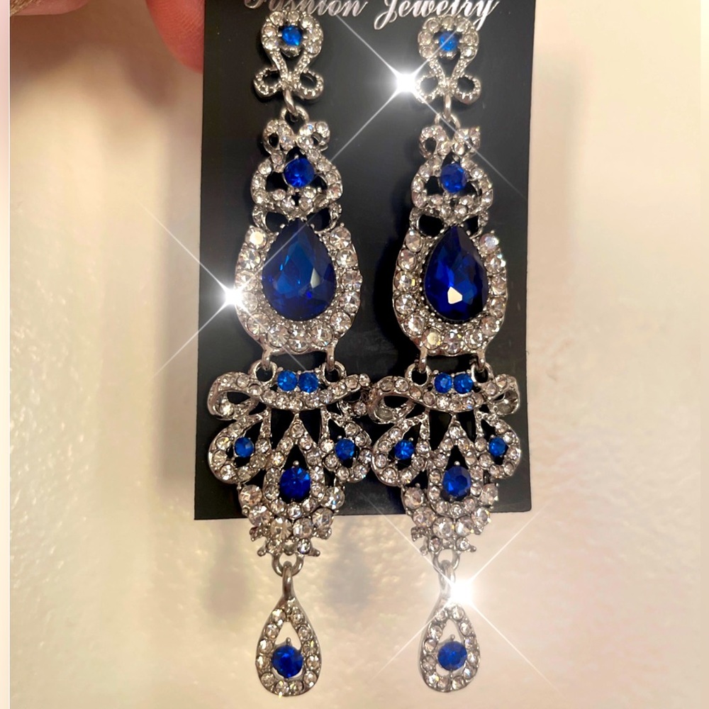 Long Crystal Blue Pageant Earrings